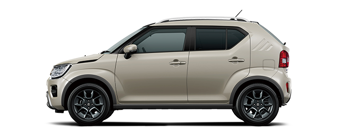 Von der Seite fotografierter Suzuki Ignis Hybrid in Caravan Ivory Pearl Metallic.