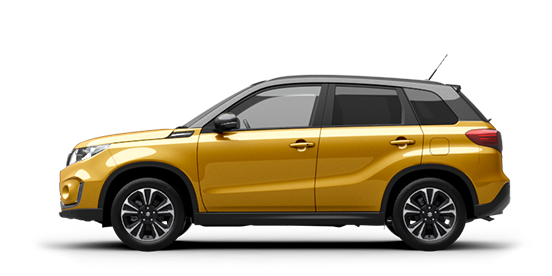 Seitenansicht des Suzuki Vitara Hybrid in Solar Yellow Pearl Metallic.