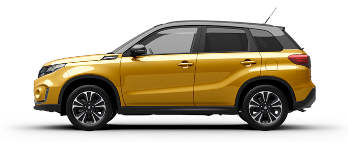 Seitliche Aufnahme eines Suzuki Vitara Hybrid in Solar Yellow Pearl Metallic.