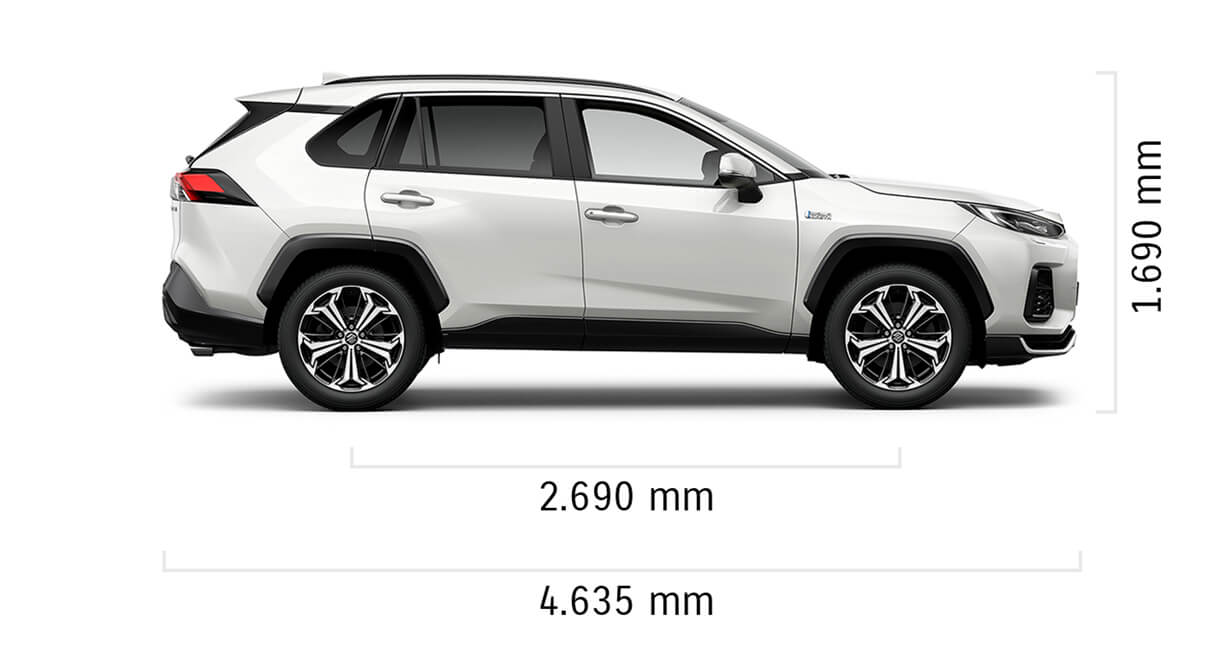 Seitlich fotografierter Suzuki Across Hybrid in White Pearl Cristal Shine Metallic mit Abmessungen von Länge und Höhe in mm.