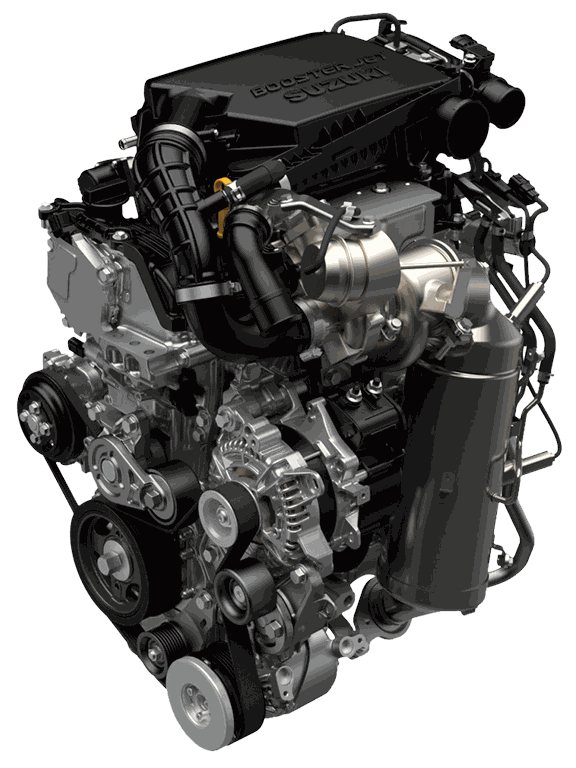 Ansicht des Suzuki S-Cross Hybrid 1.4 Liter Boosterjet Motors mit 48V Mild-Hybrid System.