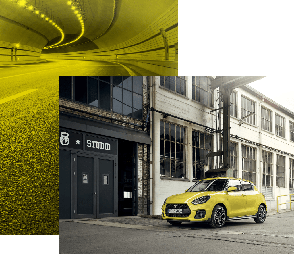 Suzuki Swift Sport Hybrid in Champion Yellow steht vor einem Studio.
