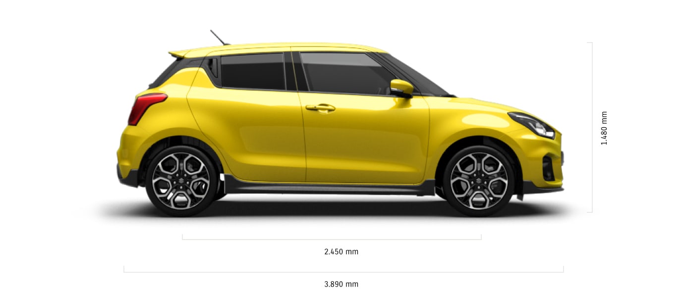 Seitlich fotografierter Suzuki Swift Sport Hybrid in Champion Yellow mit Abessungen von Länge und Höhe in mm.