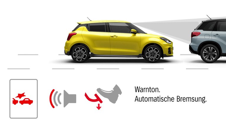 Grafik zur Dual-Sensor gestützten aktiven Bremsunterstützung (DSBS) im Suzuki Swift Sport Hybrid.