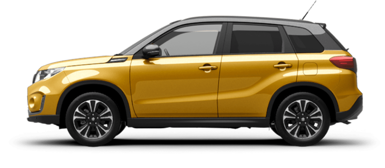 Von der Seite fotografierter Suzuki Vitara Hybrid in Solar Yellow Pearl Metallic.