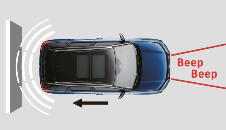 Suzuki Vitara Hybrid in BLue Pearl Metallic grafisch mit Einparkhilfe